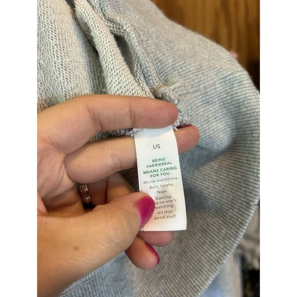 Aerie Lace Up Oversized Crew Sweatshirt Grey Long Sleeve Distressed Sz L - Picture 12 of 13